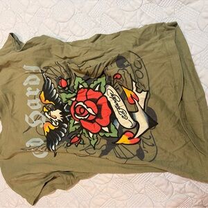 Ed Hardy Olive Tee with Red Rose and Tattoo Art